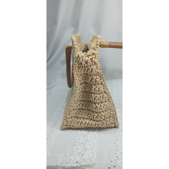 Fossil Tan Embroidered Rattan Straw Purse W/ Wooden Handles Floral Pocketbook - Picture 11 of 11
